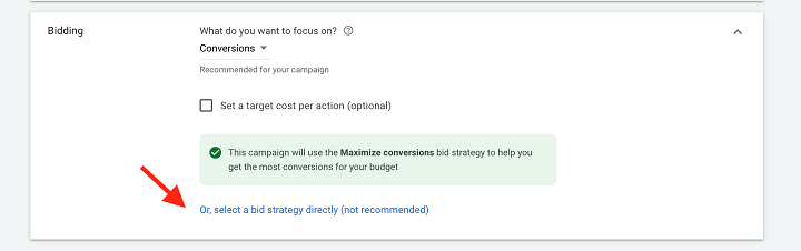 invata google ads - exemplu de buton pentru a selecta direct o strategie de licitație